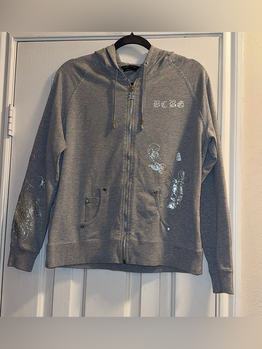 BCBGMaxAzria Y2K Light Gray Zip Hoodie with Rhinestones